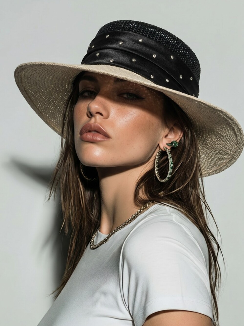 J.R. Ross Vintage Black White Straw Hat. Rhinestones. Size M